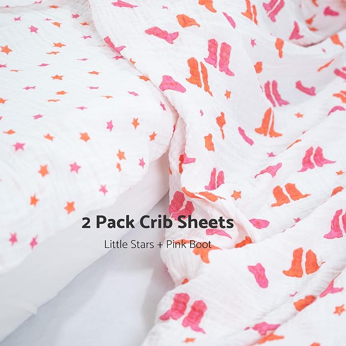 LollyBanks Baby Girl Crib Sheets 2 Pack, 100% Muslin Cotton Soft and Breathable Baby Crib Sheets, Snug Fitted Sheet for Standard 52"x28" Mattress, Nursery Must Haves (Pink Boot and Pink Star)