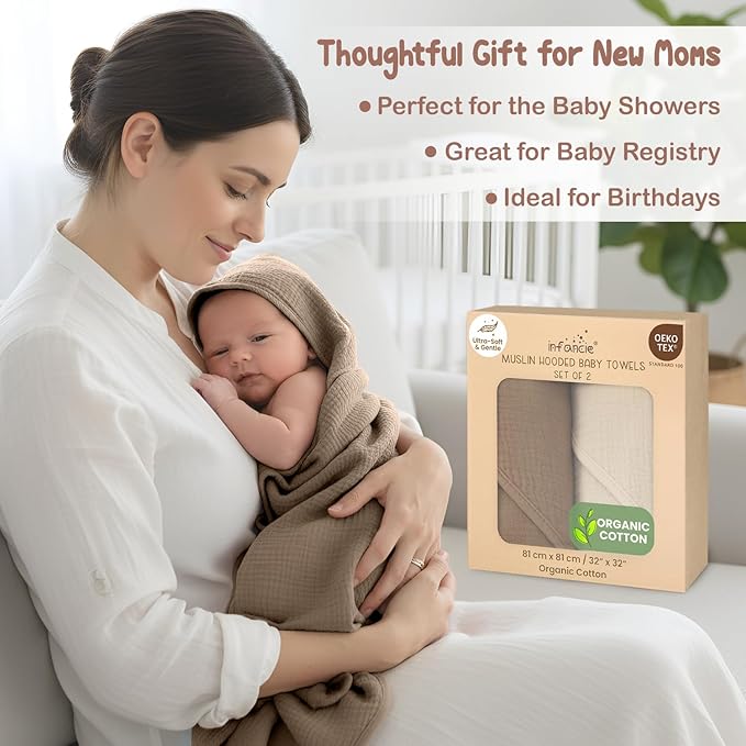 Organic Cotton Muslin Baby Hooded Towels - 32x32 Inch, 2 Pack Newborn Bath Towels for Boys & Girls, Soft & Absorbent Bath Set (Olive/Ivory)