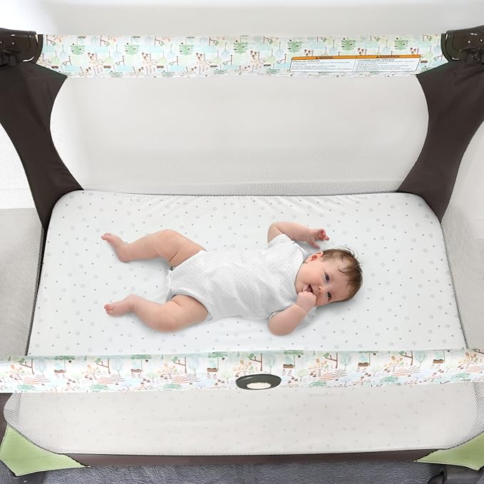 Pack and Play Sheets Fitted- Fit for Pamo Babe, Baby Trend, Graco, ADOVEL, Dream On Me and Other 25" x 36" Playard Mattress Cover, Ultra Soft & Stretchy Playpen Sheets, Grey & White Star, 2 Pack