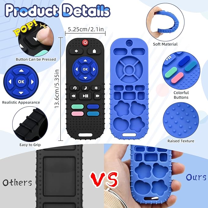 AiTuiTui Teething Relief Teethers Toys for Babies 3 6 9 12 Months Gifts, Silicone Sensory Remote Control Baby Teether Toy for Babies Newborn Infant Boy Girl Autism Toys, Blue & Black