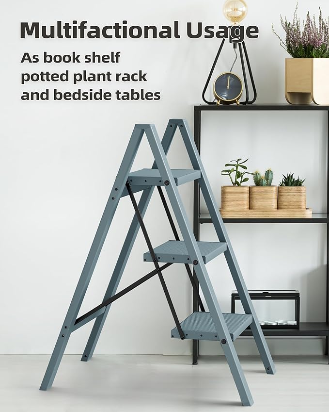 HillhutApex 3 Step Stool, Aluminum Foldable Step Ladder, Lightweight Stable Stool with Wide Non-Slip Pedals, 330lbs Bearing Capacity Ladder for Office,Home,Kitchen - Light Blue