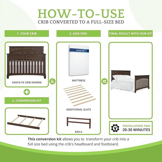 Full-Size Conversion Kit Bed Rails for Evolur Cribs - Solid Wood Crib Convertible Kit to Kids Bed - Transitional Style Rails & Easy-to-Install Child Essentials for Safety (Antique Brown)