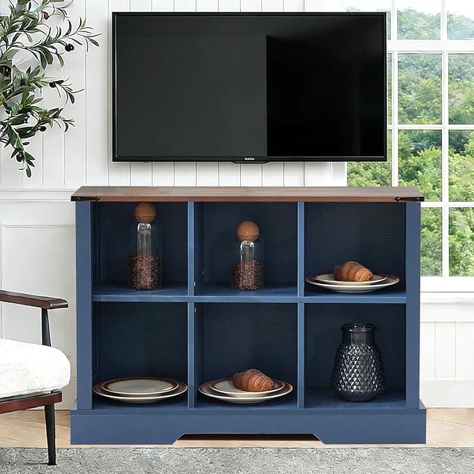 Puntogen 6 Cube Storage Organizer, Wood Cube Bookshelf with LED Lights, Horizontal Storage Cubes, Kids Bookshelf, Display Cabinet Cubby Shelf for Living Room Home Office Bedroom，Navy Blue