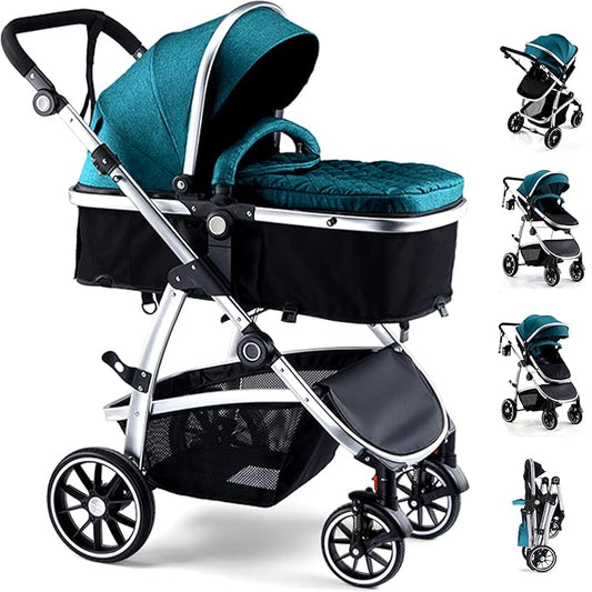 Baby Stroller, 2-in-1 Reversible Toddler Seat with Bassinet Mode, Foldable Infant Stroller with Canopy, One Button Brake, Adjustable Handle, Newborn Pushchair(Blue)
