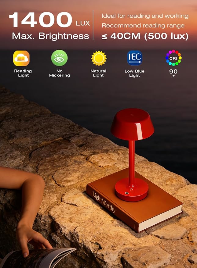 Light Worthy Cordless Rechargeable Table Lamp with Power Charger,Portable LED Desk Lamp,5000mAh Battery Operated,2700K-5700K Tunable,Stepless Touch Dimming for Bedroom Bedside Outdoor Camping,Red