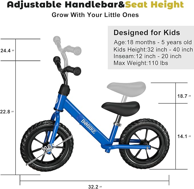 Bobike Toddler Balance Bike Toys for 2 to 5 Year Old Girls Boys Adjustable Seat and Handlebar No-Pedal Training Bike Best Gifts for Kids