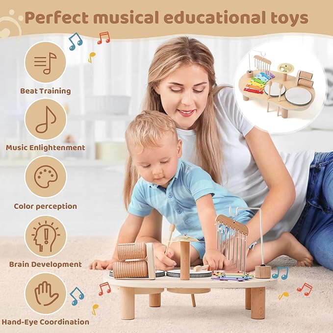 Promise Babe Wooden Drum Set for Toddlers 1-3, Musical Percussion Instruments for Kids Baby Drum Set Xylophone, Montessori Educational Musical Toys for Girls Boys Ages 3+