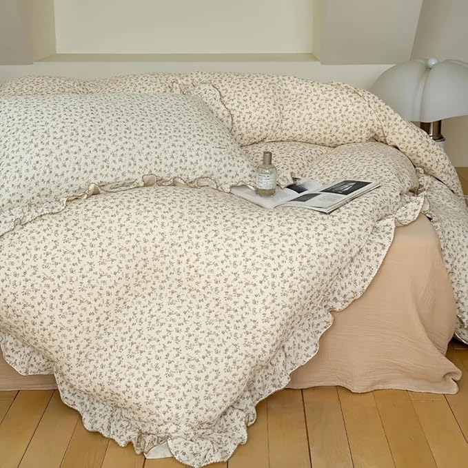 BuLuTu Cottage Camellia Print Duvet Cover King, Double-Layer Cotton Muslin Comforter Cover Floral Design Vintage Bedding Quilt Cover with Ruffles,90"x104", No Pillow, Machine Wash