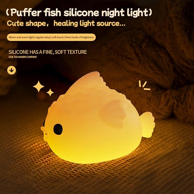 DNBFLLK White Pufferfish Night Light - Silicone Touch Sensor Lamp for Nursery, 3 Adjustable Brightness, USB-C Rechargeable Baby-Safe Bedside Light, Modern Kids Room Decor & Toddler Sleep Aid