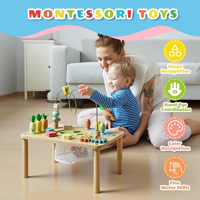wingyz Activity Table, 6 in 1 Wooden Montessori Activity Center with Bead Maze Shape Sorter Fishing Game, Kids Sensory Play Table Toddler Toys 1st Birthday Gifts Boy Girl(Morandi-Square)