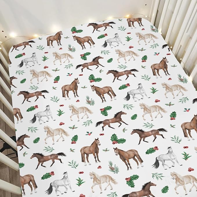 Christmas Horses Baby Crib Sheets for Boy Girl 52"x28" Holiday Animals Cherry Fir Leaves Soft Snug Fitted Crib Mattress Cover Winter Farm Animal Baby Sheet for Standard Crib & Toddler Bed Mattress