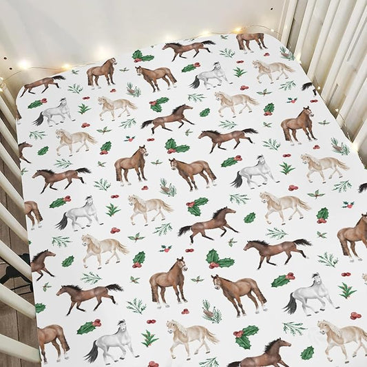 Christmas Horses Baby Crib Sheets for Boy Girl 52"x28" Holiday Animals Cherry Fir Leaves Soft Snug Fitted Crib Mattress Cover Winter Farm Animal Baby Sheet for Standard Crib & Toddler Bed Mattress