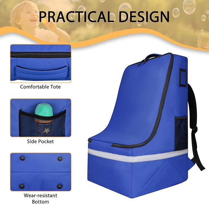 LARIPOP Car Seat Travel Bag for Airplane, Infant Seat Carrier with Shoulder Strap, Padded Backpack with Reflective Stripes, Blue