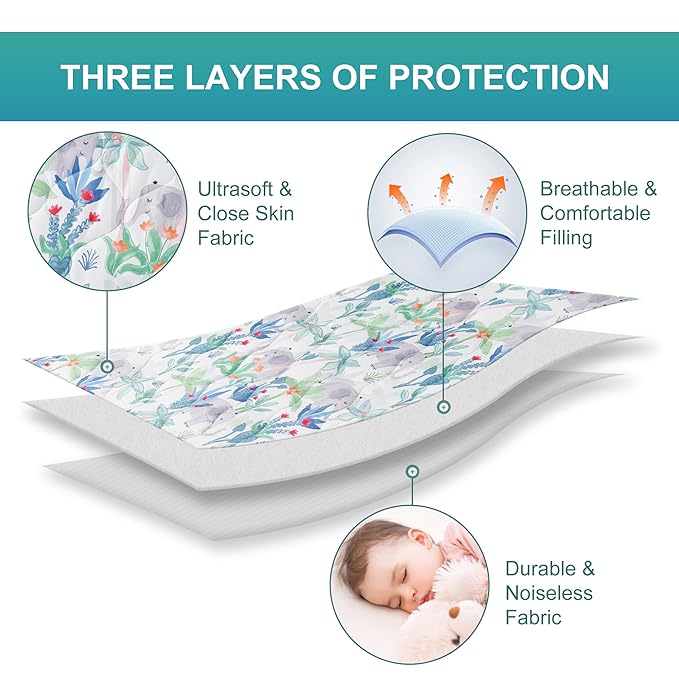 TILLYOU Pack and Play Sheet - Soft Quilted Crib Cover Pad, Toddlers Mattress Protector with 1''-3'' Deep Pocket, Thick Play Yard Playpen Sheets, Crib Mattress Pad 39"x27", Rainforest Elephant