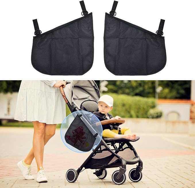 Peixiong 2 Pack Side Sling Cargo Stroller Net, Universal Stroller Organizer Bag, Non-Slip and Adjustable Straps Storage Mesh Cargo Net for Stroller Storage (Black)