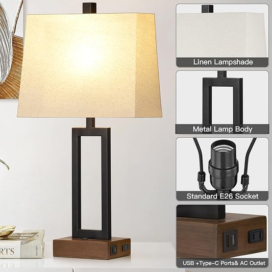 Lolikit Table Lamps Set of 2 with 2 USB Ports and AC Power Outlet, Modern Bedside Lamp, Wood Nightstand Lamp with Linen Shade for Living Room Bedroom End Table Hotel Desk(LED Bulb Included)