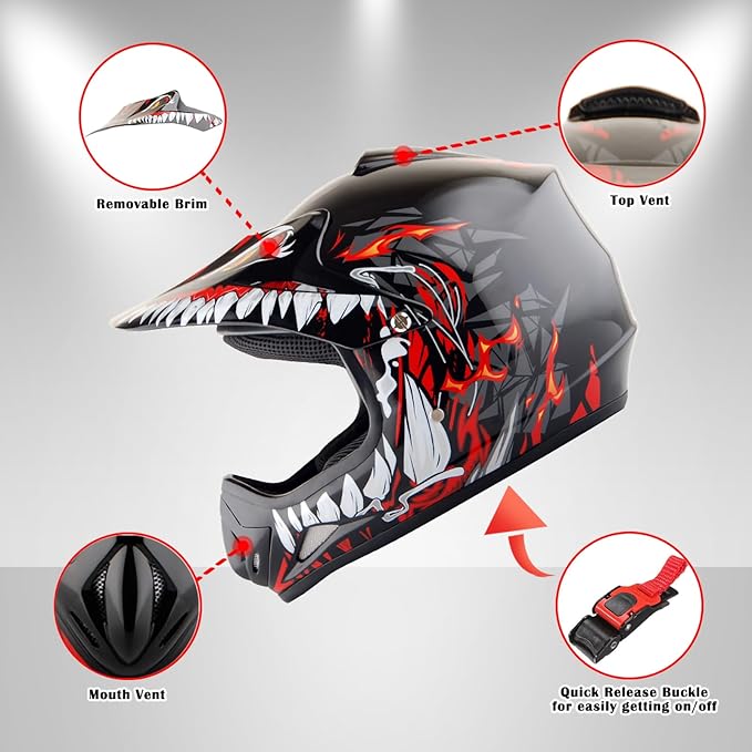 WOW Youth Kids Motocross BMX MX ATV Dirt Bike Dianosour Helmet Dragon + Goggles + Martian Youth Glove Bundle: HJOY MG Bundle