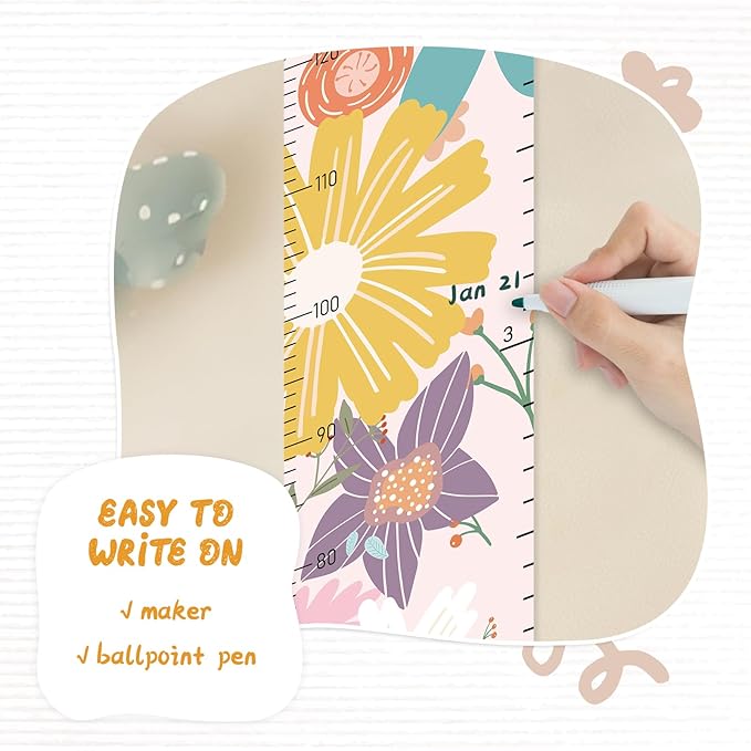 Woodemon Personalized Name Growth Chart for Wall, Painted Flowers Canvas Height Chart for Kids Baby Child Toddler, Canvas Growth Chart for Wall Nursery Decor, Hangable & Waterproof