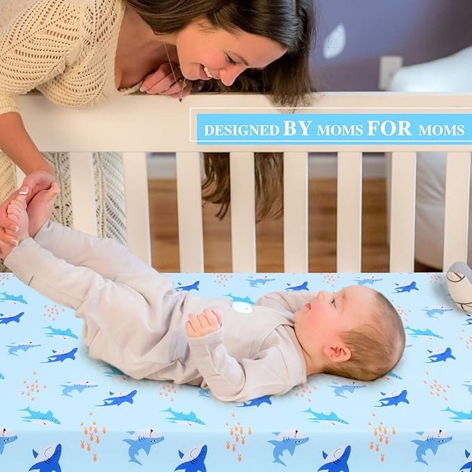 UOMNY Crib Sheet for Baby Boys Shark Fitted Crib Sheets for Standard Crib and Toddler Mattresses Ocean Crib Mattress Sheets for Daycare 52 x 28 Blue