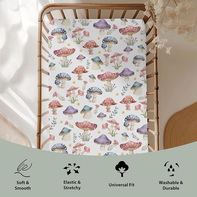 Fairytale Mushroom Baby Crib Sheets for Boy Girl 52x28Inch Colorful Mushrooms Floral Leaves Soft Snug Fitted Crib Mattress Cover Magical Plant Baby Sheet for Standard Crib & Toddler Bed Mattress
