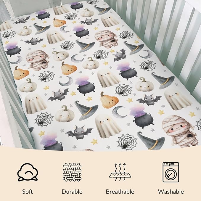 Happy Halloween Baby Crib Sheets Cute Spooky Pumpkin Bat Fitted Crib Mattress Cover Witch Moon Star Toddler Baby Sheet for Standard Crib 28x52in