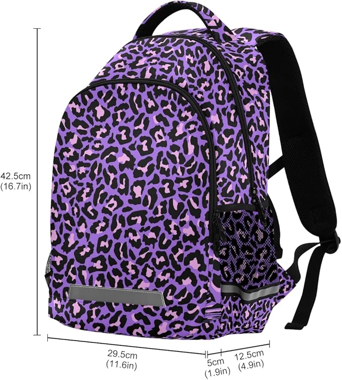 MNSRUU School Backpack with Chest Strap, Neon Purple And Pink Leopard Laptop Backpack, Travel Hiking Backpack for Boys Girls, Rucksack, Knapsack