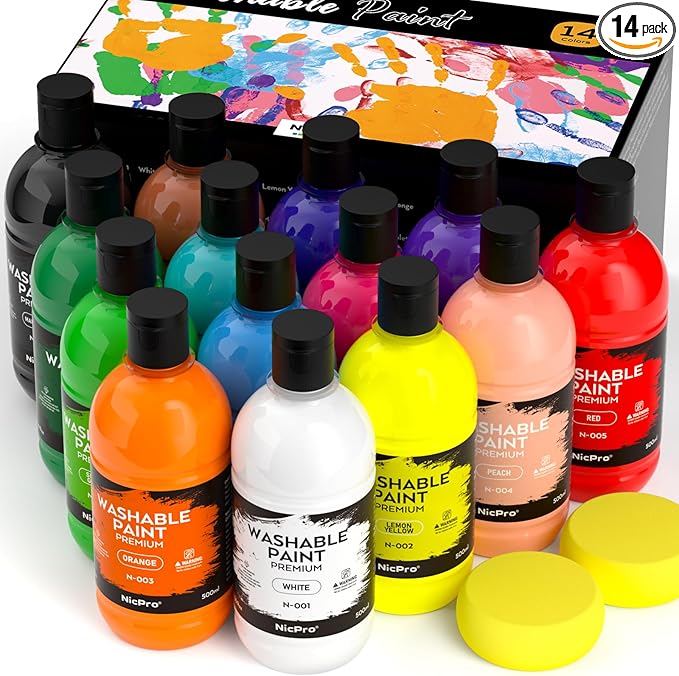 Nicpro 14 Colors Large Washable Paint Set for Kid (16.9 oz, 500 ml), Acrylic Bulk Paint Supplies Non Toxic Children Tempera Paint for Art, Craft DIY, Poster & Finger Paint, School, Party, Classroom