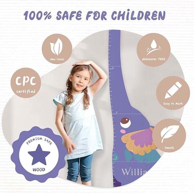 Woodemon Personalized Name Growth Chart for Kids, Elephant Patchwork Wooden Height Chart for Wall Decor, Custom Height Ruler, Baby Boy Girl Measurement Ruler for Bedroom Playroom, Easy to Mark