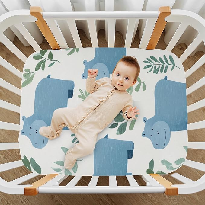 Cute Hippo and Green Leaves Crib Sheets Standard Crib Toddler Mattresses Cover Fitted Baby Bed Sheet Breathable Crib Mattress Sheet for Girls Boys 39''x27''x9''