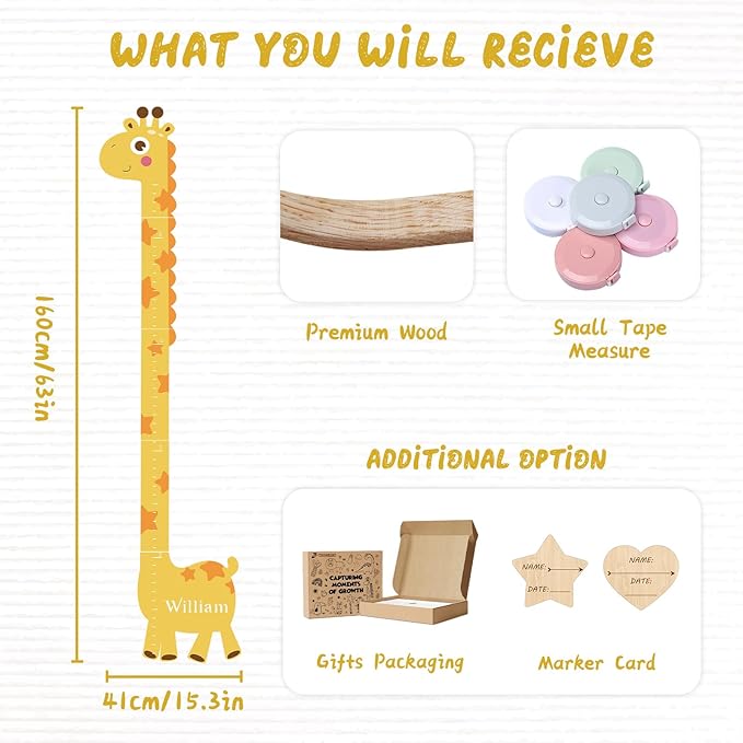 Woodemon Personalized Name Growth Chart for Kids – Giraffe Height Chart for Boys and Girls, Wooden Height Chart Measuring Board 63" x 15.3"