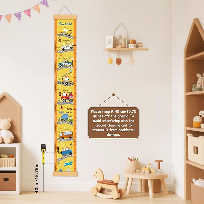 Personalized Name Baby Height Growth Chart Wall, Custom Name Cartoon Car Canvas Height Chart Removable, Waterproof Growth Chart for Kids Boys Girls, Height Ruler for Wall Kids Nursery Wall Decor