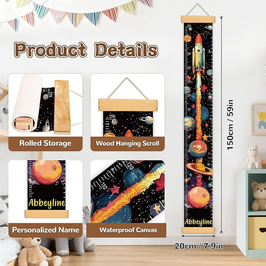 Personalized Name Space Rocket Height Chart for Kids, No-Drill Growth Chart for Wall, Hangable and Removable Growth Chart Ruler, Kids Room Decor & Thoughtful Birthday Gift for Boys and Girls