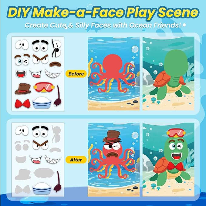 Ocean Reusable Sticker Book for Toddlers, DIY Make-a-face Animals Fun Jelly Stickers, Washable Puffy Stickers for Kids Toys, Airplane Road Trip Travel Activities Essentials for Kids 3 4 5 Years