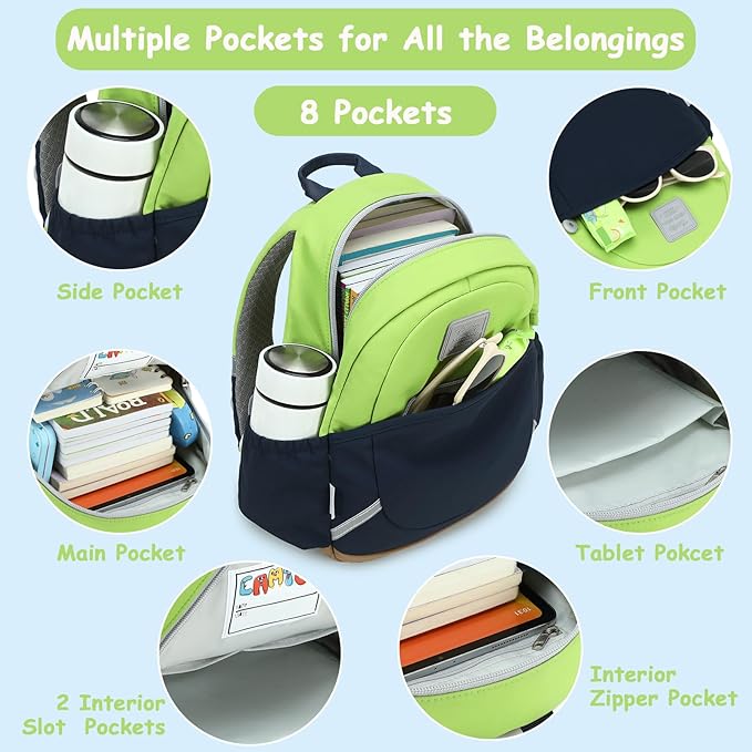 CAMTOP Toddler Backpack for Boys Girls 2-4, Kids Backpacks for Kindergarten Preschool, 12" H Small Bookbag for Daycare Travel (Green & Blue & Brown, 12''- Not fit A4 folder)