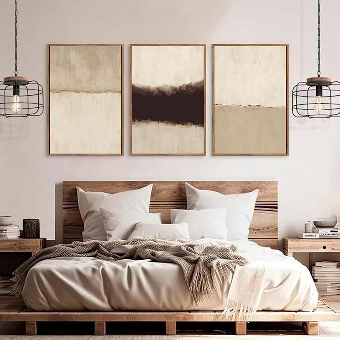 CHDITB Neutral Abstract Wall Art Set of 3, 24"x36" Large Framed Textured Wall Decor, Minimalist Modern Wall Painting, Beige Black Canvas Art Print for Living Room, Bedroom, Dining Room, Office