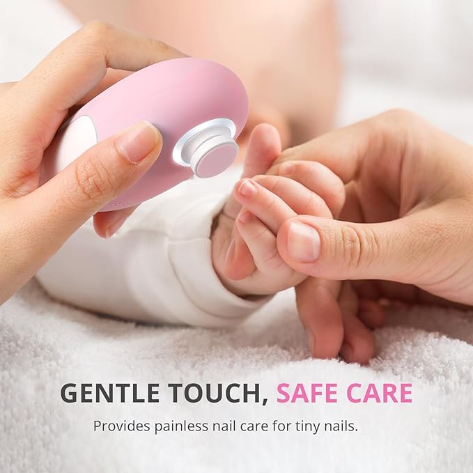 AIRSEE Premium Newborn Gift Electric Baby Nail File, Cordless Safe Nail Trimmer for Infant, 6 Replacement Heads with Magnetic Storage Case, 360° Light, Baby Clipper, Christmas, Candy Pink