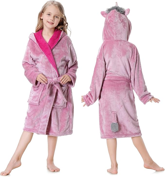 Hooded Herringbone Girl's Fleece Soft Spa Kimono Long Robe,Kids Comfy Sleepwear Bathrobe