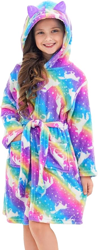 Doctor Unicorn Girls Leopard Cat Robe Kids Fleece Warm Hooded Bathrobe