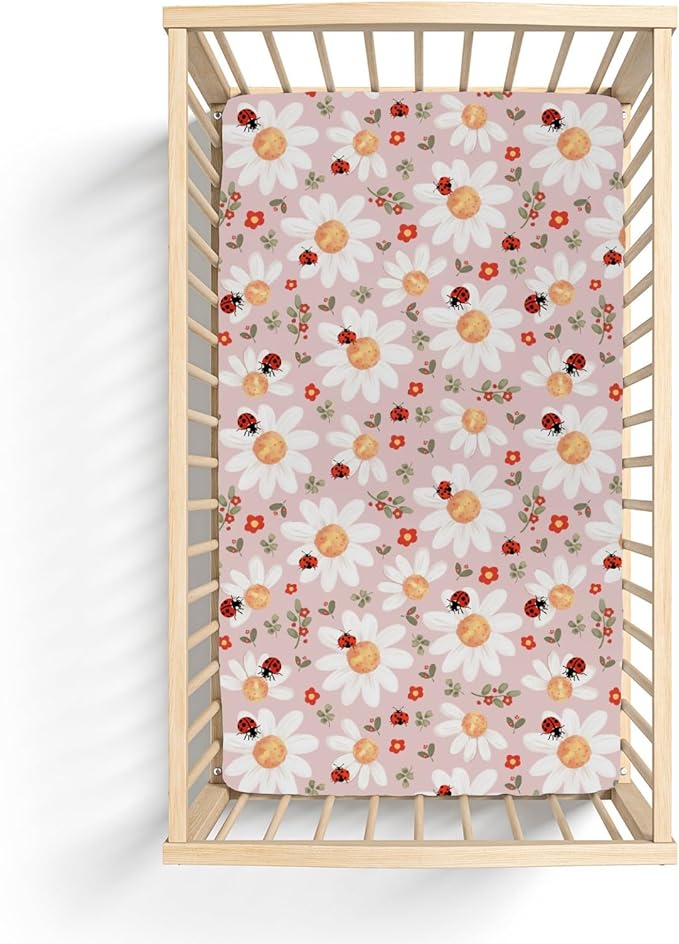 Spring Daisy Floral Baby Crib Sheets for Boy Girl 52x28Inch Boho Wildflower Leaves Soft Stretchy Fitted Crib Mattress Covers Greenery Nursery Baby Sheet for Crib and Toddler Bed Mattresses