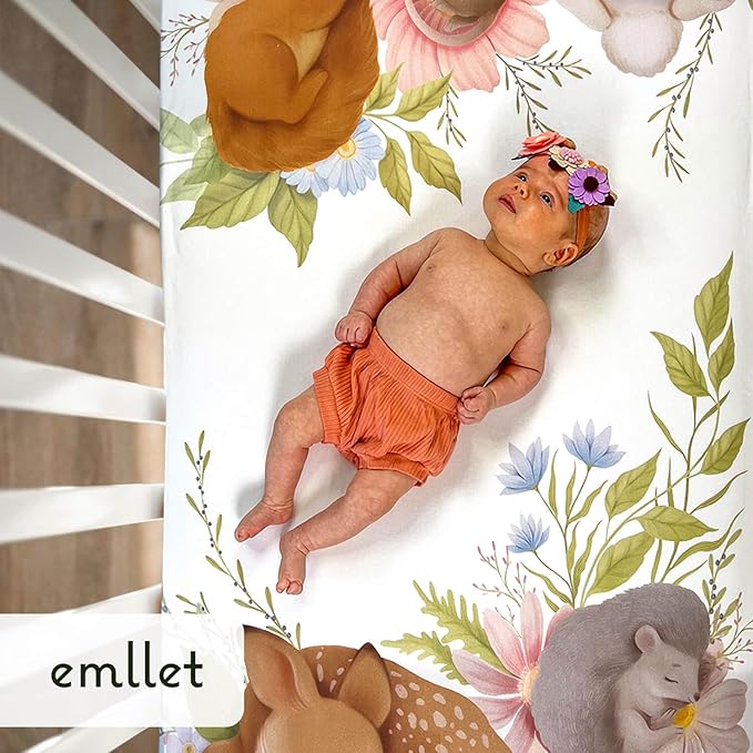100% Cotton Fitted Crib Sheet, Forest Friends Woodland Animals Theme, Cozy Baby Nursery Bedding, Standard Size 52 x 28 in