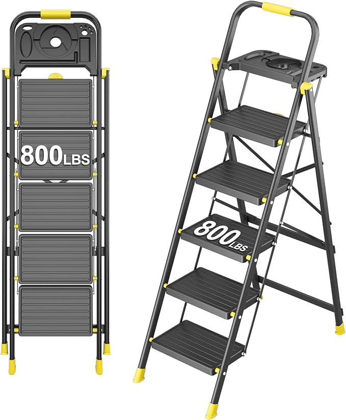 5 Step Foldable Step Ladder with Mutifunctional Tool Tray, Platform Ladders Stepstools, Step Stool 5 Step Folding with Non-Slip Pedals, 800lbs Bearing Capacity for Adults, Home, Kitchen, Black Yellow