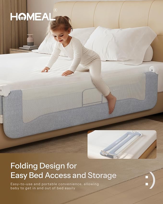 HOMEAL Bed Rail for Toddlers，47" x 26" Grey, Long Tall Foldable Baby Bed Rail Guard for Easy Use and Storage, U-Shaped Base Width Increased by 4", Suitable for Twin, Full, Queen, King Size Bed