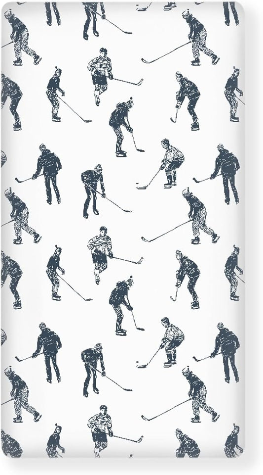 Ice Hockey Fitted Crib Sheet for Boys Girls Sports Event Hockey Player Baby Sheet for Standard Crib and Toddler Winter Sport Nursery Bed Mattress Sheets 28"x52"