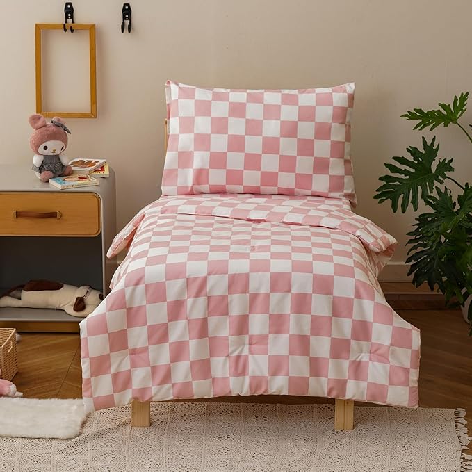 KAREVER Grid Toddler Bedding Set Pink White Checkered 4 Pieces Crib Bed Set Kids Pliad Comforter Set