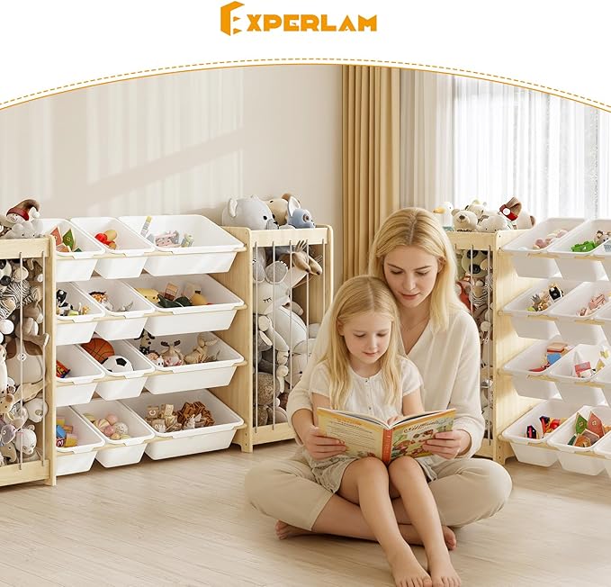 EXPERLAM Toy and Stuffed Animal Storage, 12-Bin Toy Shelf with Double-Sided Stuffed Animal Holder & Thicker Elastic Ropes, Space-Saving Solid Wood Toy Organizer for Playroom, Nursery, Bedroom, White