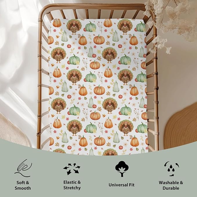 Thanksgiving Turkey Pumpkins Baby Crib Sheets for Boy Girl 52"x28" Autumn Maple Leaves Soft Stretchy Fitted Crib Mattress Cover Fall Harvest Baby Sheet for Standard Crib and Toddler Bed Mattress