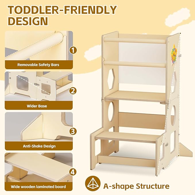 Acenova Toddler Kitchen Step Stool, 4 in 1 Foldable Learning Tower with Blackboard and Star Number Clock, Standing Step Stool Toddler Tower for Bathroom Sink, Kitchen Counter