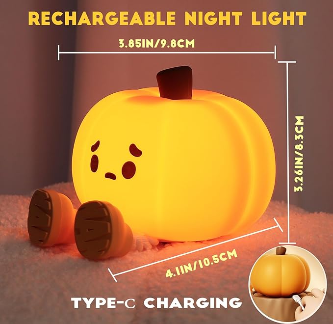 DREAMING MY DREAM Cute Pumpkin Night Light Silicone LED Lamp Rechargeable Bedside Touch Lamp,Nursery Pumpkin nightlight for Kids,Halloween Decor Toy,Breastfeeding for Baby