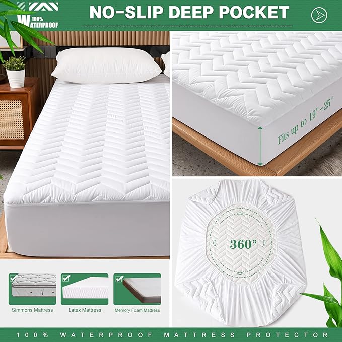 Unilibra Twin Size Waterproof Mattress Pad Rayon Made from Bamboo, Quilted Breathable Mattress Protector, 6''-19'' Deep Pocket Fitted Mattress Cover White