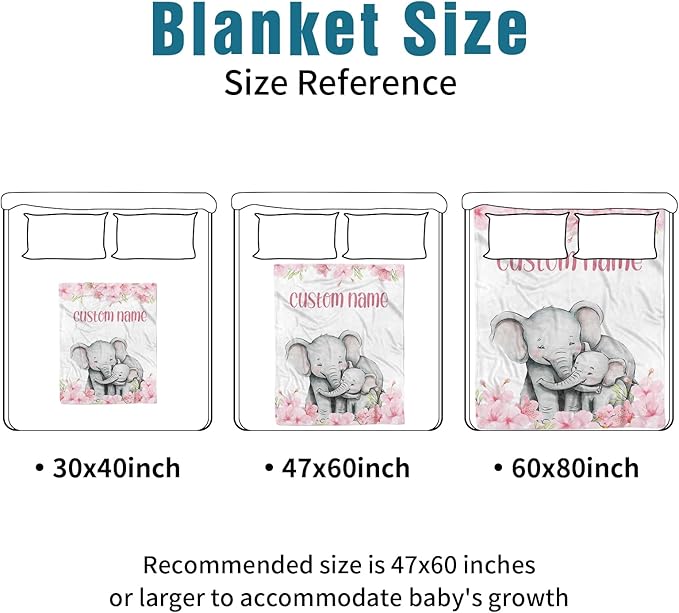 Custom Name Crib Bedding Set 3-Piece – Pink Flower Elephant Design Baby Bedding Set with Personalized Soft Blanket, Fitted Sheet, Changing Pad Cover – Ideal Newborn Gift for Boys and Girls